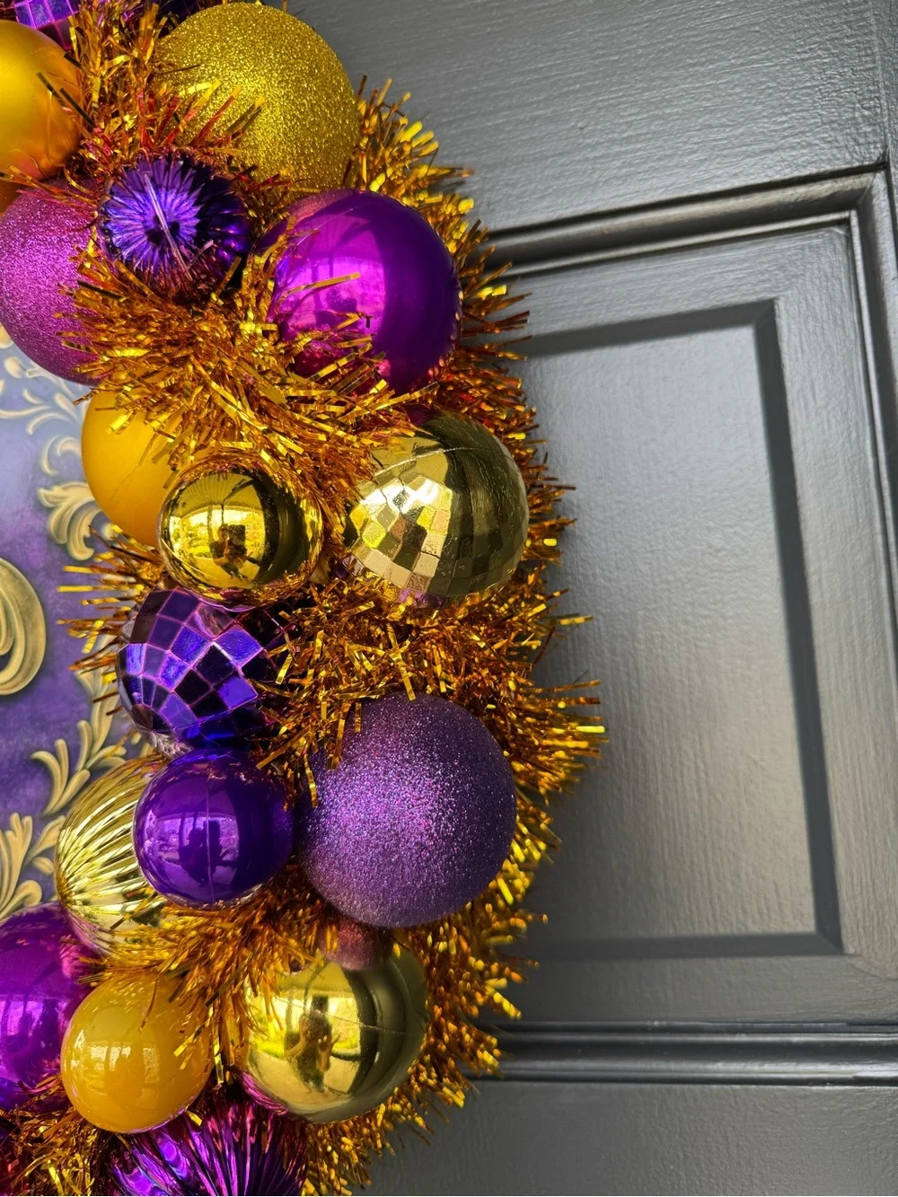 Festive Fleur-de-Lis Holiday Wreath in Purple, Gold & Black